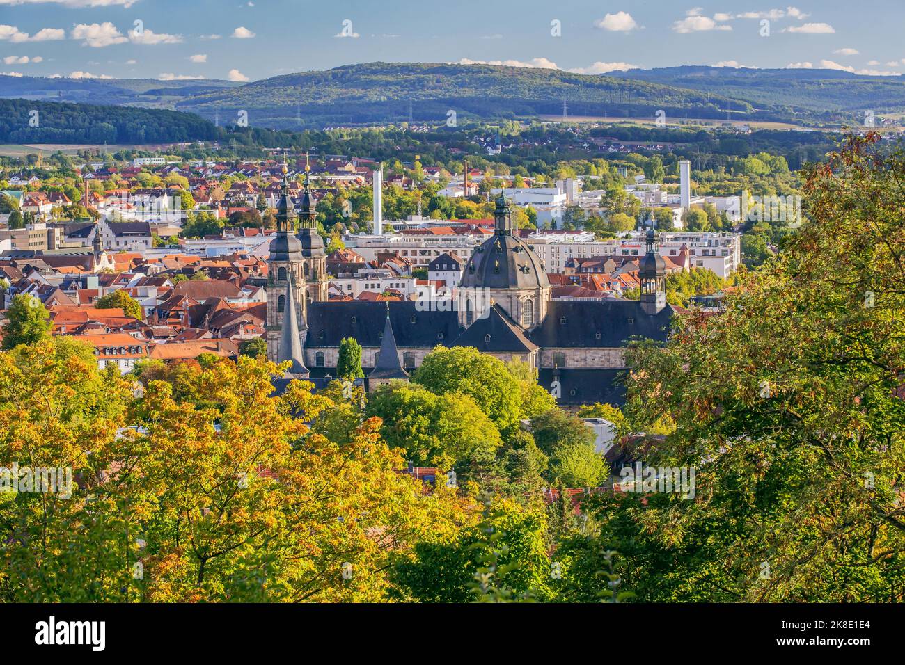 View from Frauenberg of St. Salvator's Cathedral and the city in early autumn, Fulda, Fulda River, Rhoen, Eastern Hesse, Hesse, Germany Stock Photo