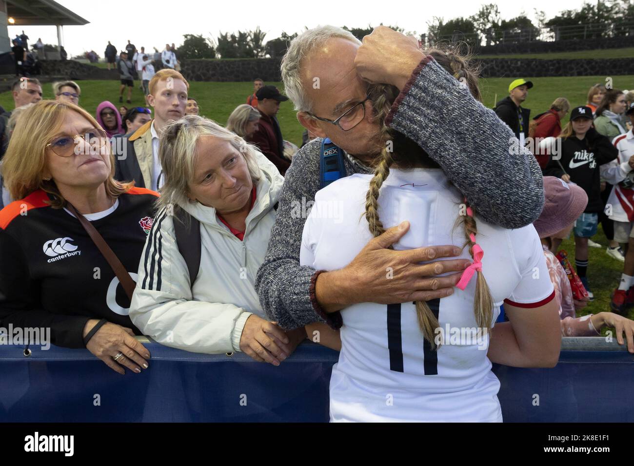 England players with family and friends after the Women's Rugby World Cup pool C match at Waitakere Stadium in Auckland, New Zealand. Picture date: Sunday October 23, 2022. Stock Photo