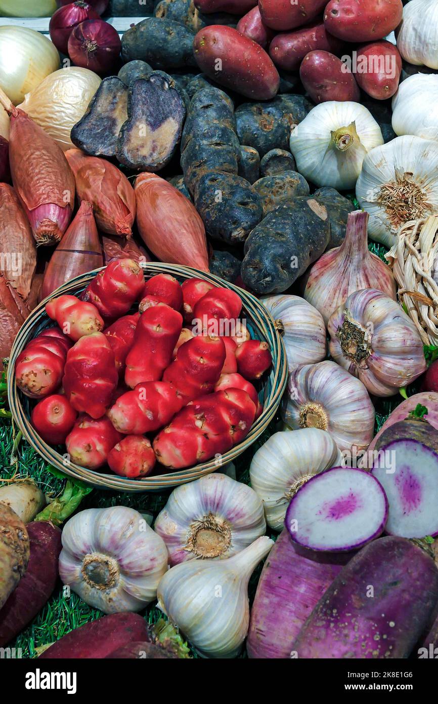 Different kinds of fruit and vegetables in a display, Berlin, Germany