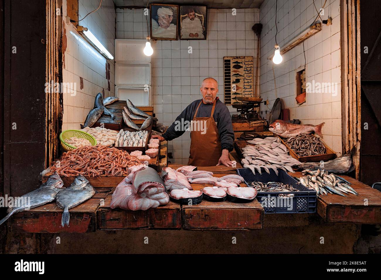 Different kinds of fish and seafood, specialities at a market stall