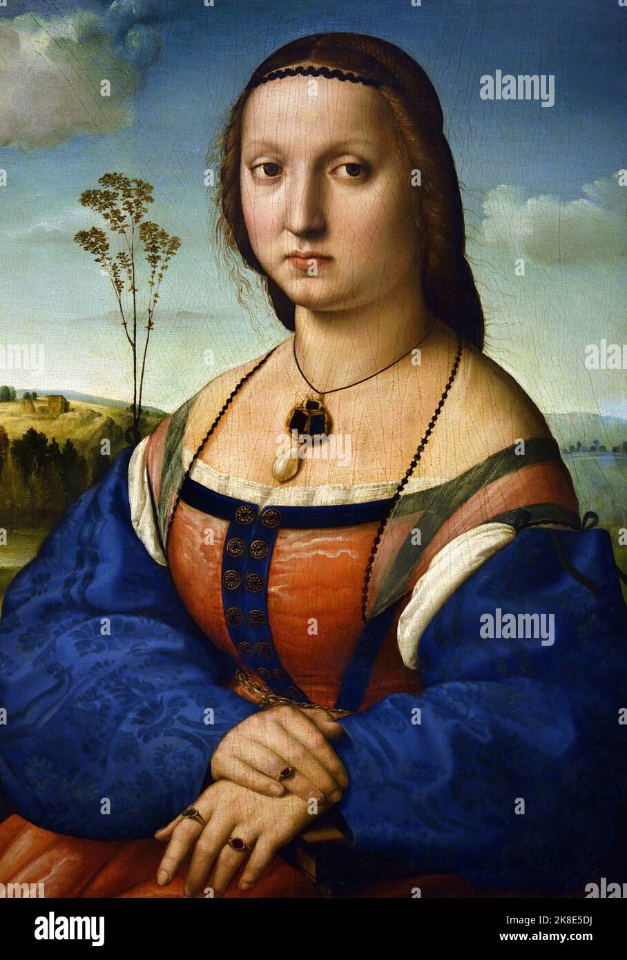 Portrait of Maddalena Doni by Raphael 1483-1520  Raffaello Sanzio da Urbino ( Maddalena Strozzi Don,i a young Florentine noble woman, and, Angelo Doni, a rich merchant ,belonging to the, Florentine upper middle class, who had just married, )  Raphael and the spouses Doni ) Stock Photo
