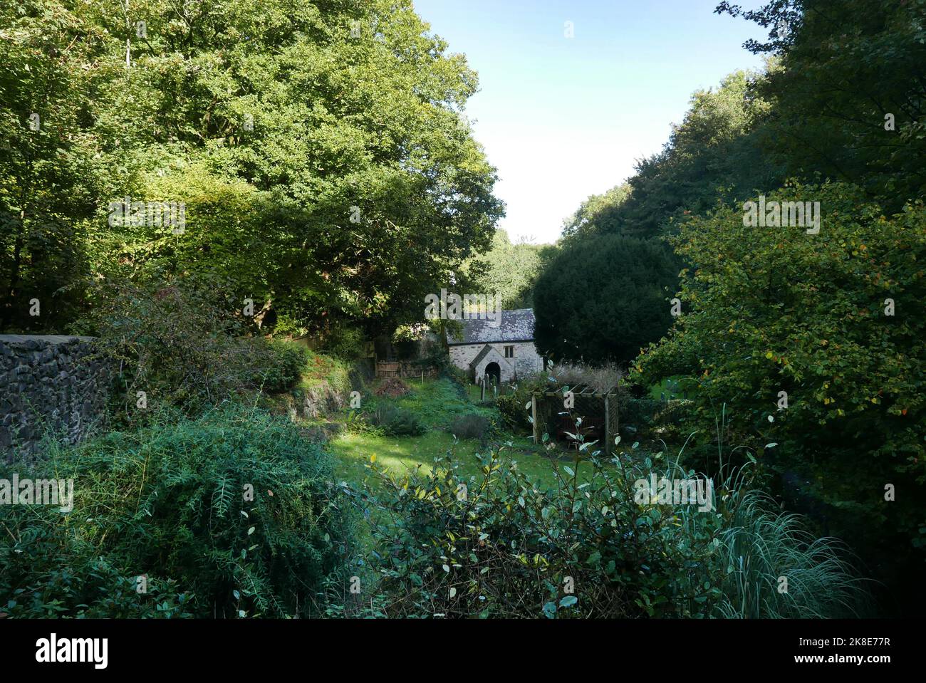 Porlock Pilgrims Way joins up churches of interest in North Cornwall for a 28 mile walk  Culbone church,has been used as leper colony and prison Stock Photo