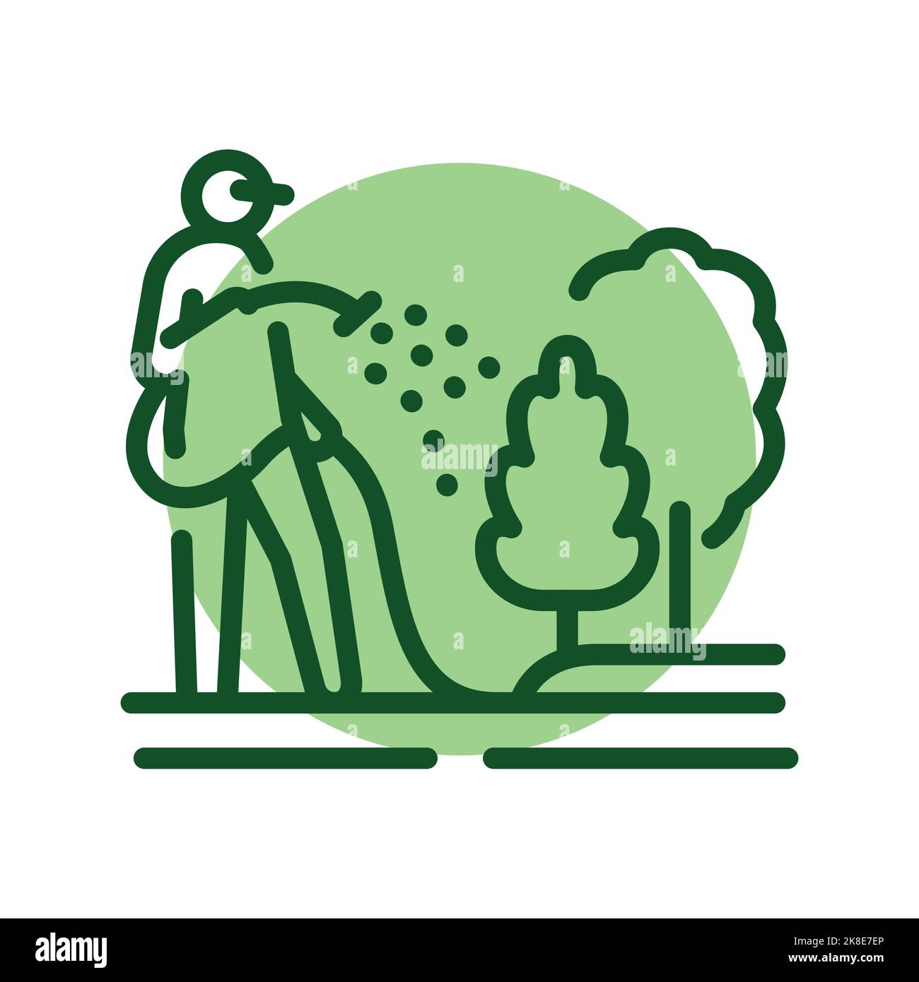 Worker waters trees color line icon. Garden service. Stock Vector