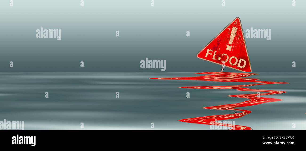 overflooded flood zone warning sign,climate change and global warming, inundation and flooding concept, vector illustration Stock Photo