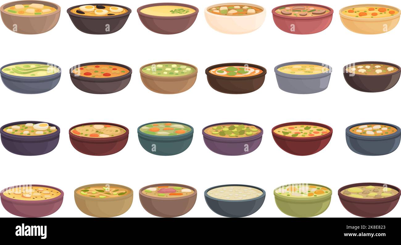 Street soup icons set cartoon vector. Cafe cooking. Appetizer cuisine Stock Vector