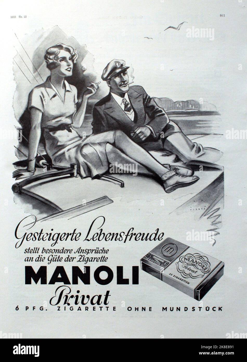 Anzeige der Manoli Zigarettenfabrik Berlin aus dem Jahr 1933 für Zigaretten der Marke 'Manoli privat', die „Meisterzigarette ohne Mundstück“, gestaltet von Jupp Wiertz (1888-1939). Advert of Manoli cigarette factory, Berlin from 1933 for their brand 'Manoli privat', designed by Jupp Wiertz (1888-1939) Stock Photo