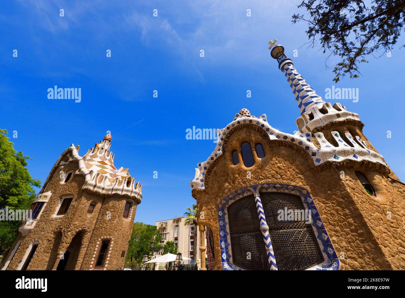 Buildings at the entrance to the Park Guell (1900-1914) of Barcelona, Spain. Europe. UNESCO, World Heritage Site. Architect Antoni Gaudi (1852-1926). Stock Photo
