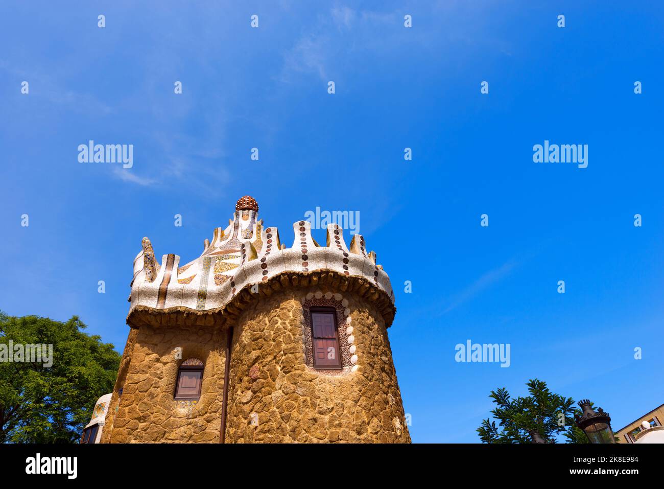 Building at the entrance to the Park Guell (1900-1914) of Barcelona, Spain. Europe. UNESCO, World Heritage Site. Architect Antoni Gaudi (1852-1926). Stock Photo
