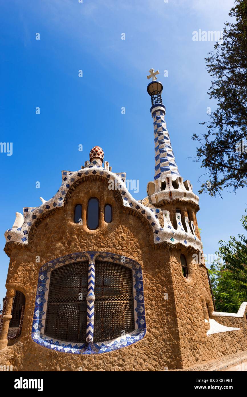 Building at the entrance to the Park Guell (1900-1914) of Barcelona, Spain. Europe. UNESCO, World Heritage Site. Architect Antoni Gaudi (1852-1926). Stock Photo