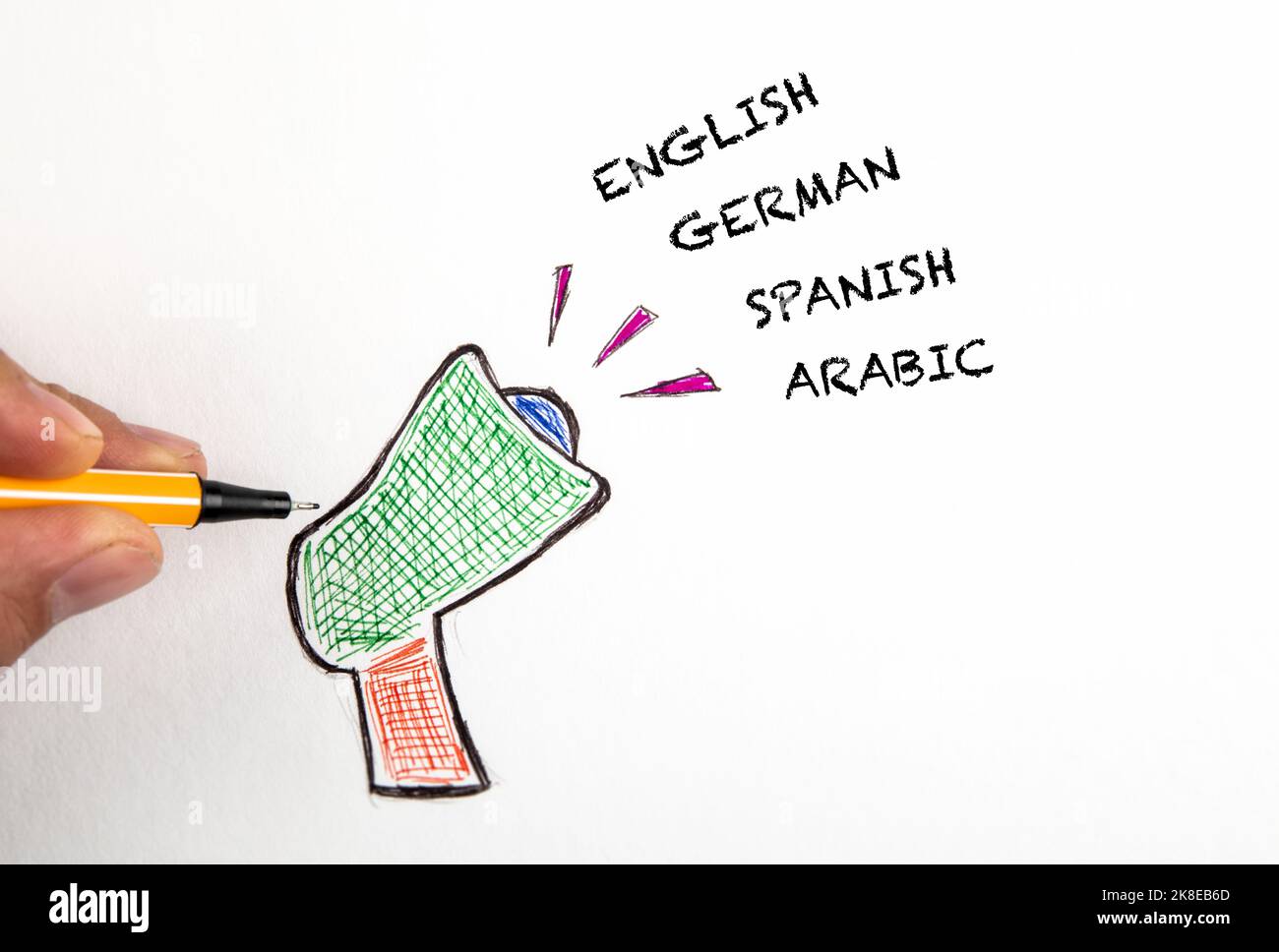 IN ENGLISH GERMAN SPANISH ARABIC. Concept of language learning and skills. Stock Photo