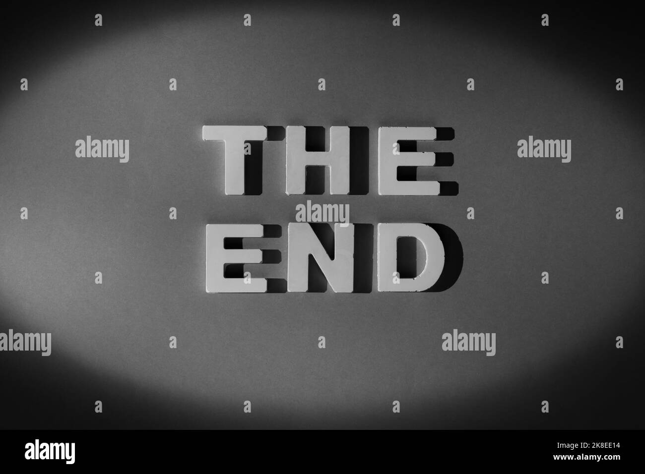 The End - Old movie ending screen. Black and white photograph Stock Photo