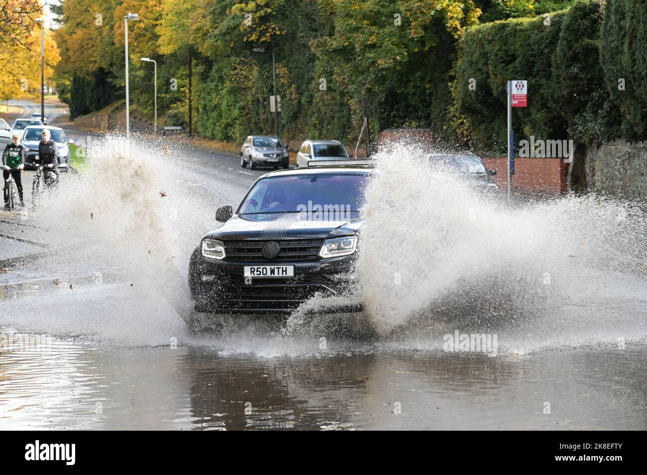 Stourbridge, October 23rd 2022. Drivers plough through flooding at Old Ham Road in Stourbridge