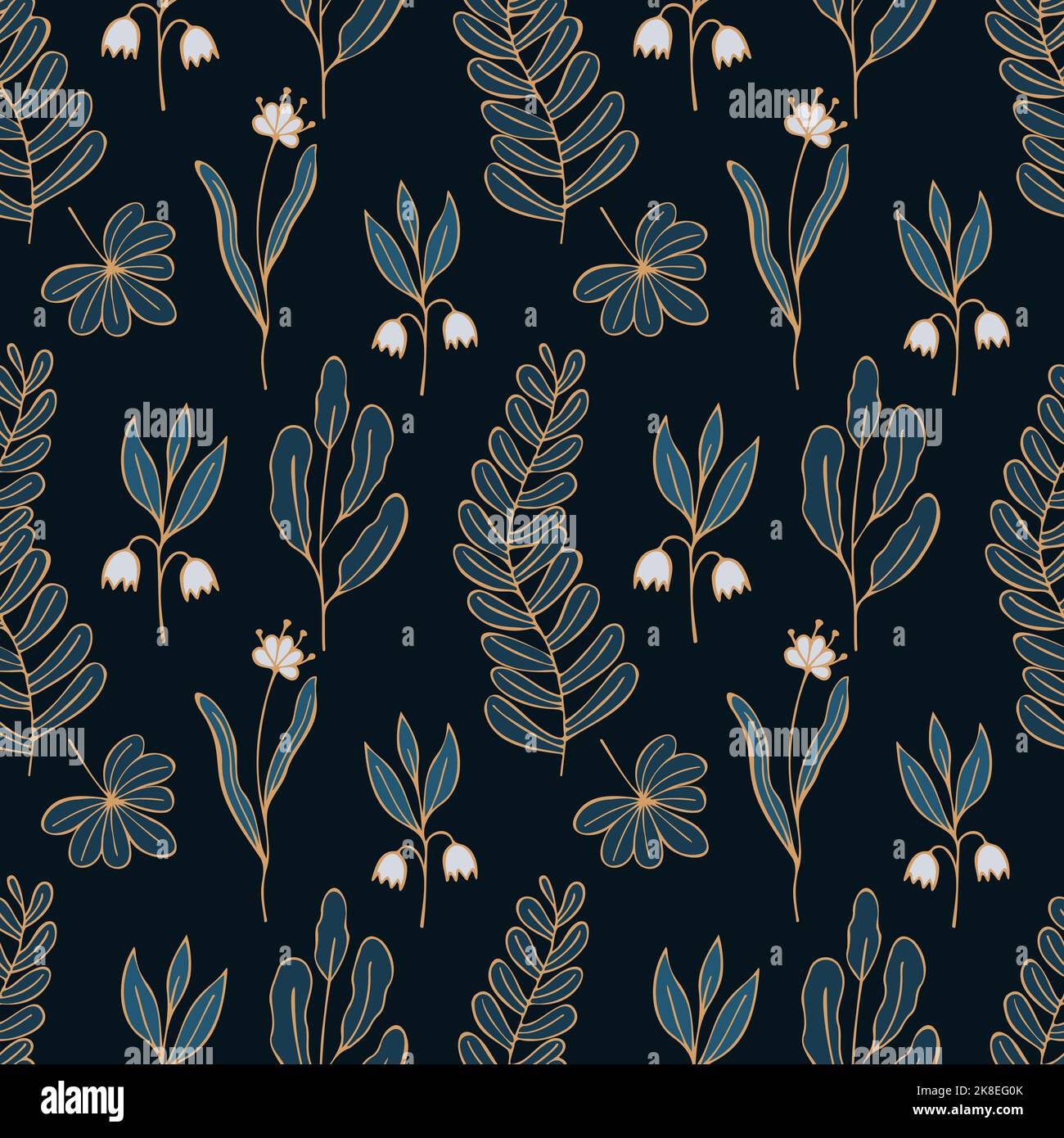 Pattern Luxury flowers doodle blue and gold color on dark background ...
