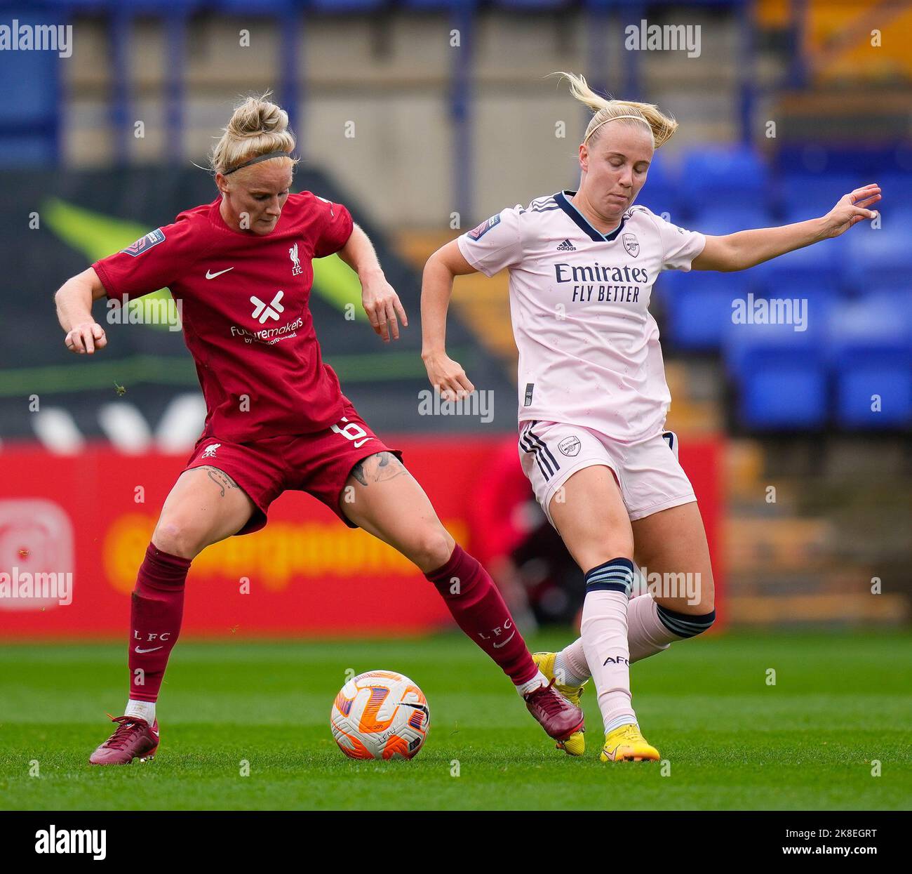 Liverpool, UK. 23rd Oct, 2022. Liverpool, England, October 23rd 2022: Jasmine Matthews (6 Liverpool) and Beth Mead (9 Arsenal) battle for the ball during the Barclays Womens Super League football match between Liverpool and Arsenal at Prenton Park in Liverpool, England. (James Whitehead/SPP) Credit: SPP Sport Press Photo. /Alamy Live News Stock Photo