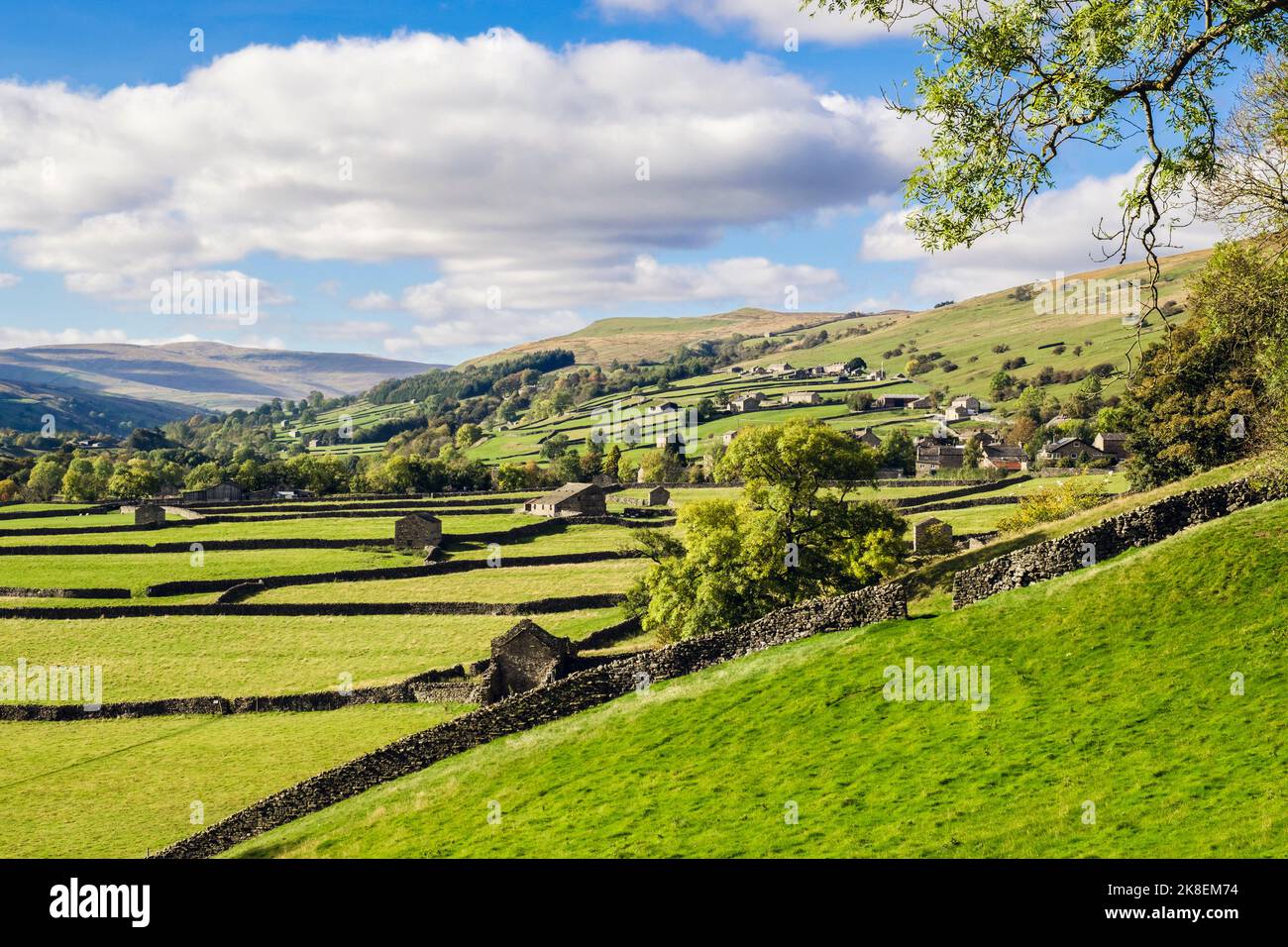 View to village across countryside with barns and drystone walls in Yorkshire Dales National Park. Gunnerside, Swaledale, north Yorkshire, England, UK Stock Photo