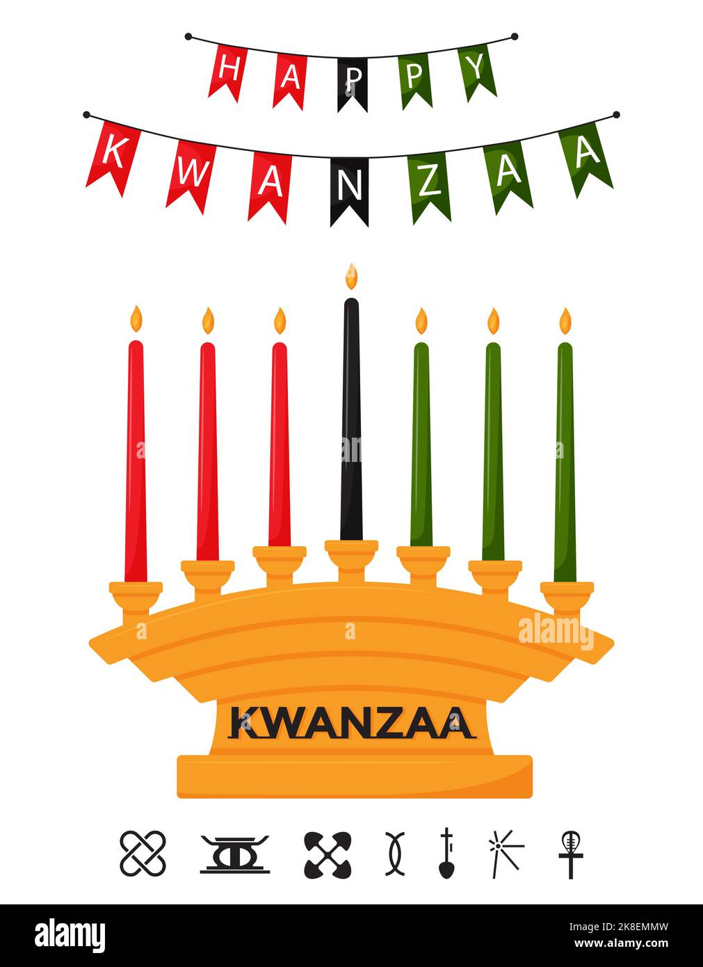 Kinara, a candlestick with 7 traditional Kwanzaa candles. Festive flags with words Happy Kwanzaa. A greeting card for an African American holiday. Fla Stock Vector