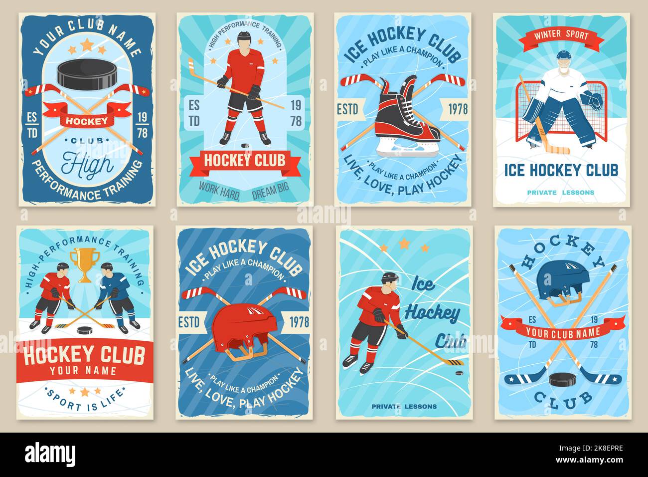 Ice Hockey club flyer, brochure, banner, poster. Concept for shirt or logo, print, stamp or tee. Winter sport. Vintage typography design with player Stock Vector