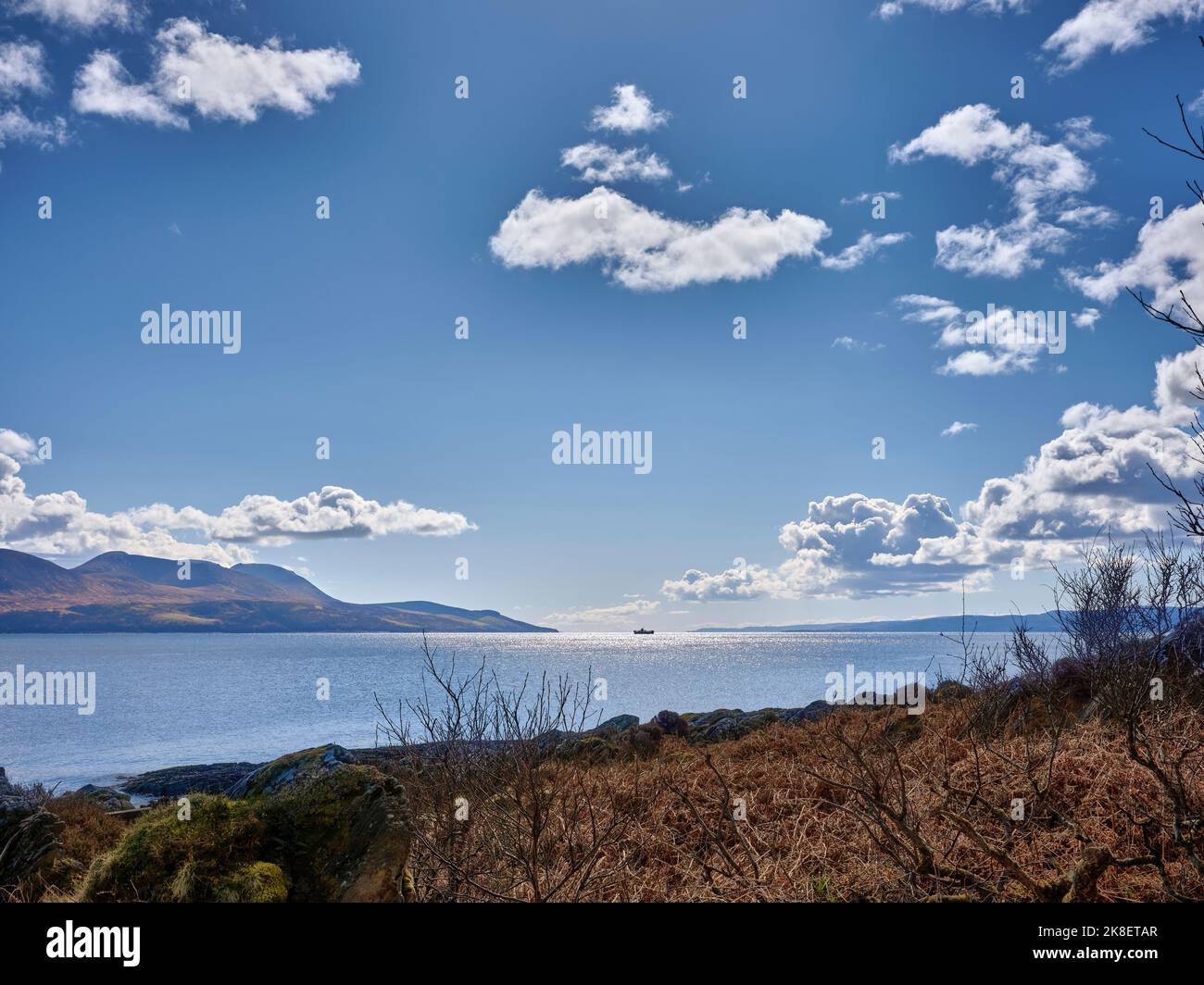 South from, the B8001 by Skipness, the ferry from Claonaig to Lochranza crosses the Kilbrannan Sound. Tarbert, Argyll and Bute. Scotland Stock Photo