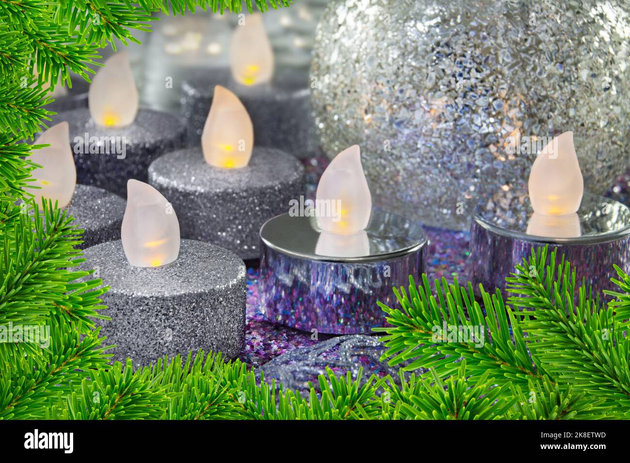 Electric LED Lights with Christmas decoration and fir branches Stock Photo