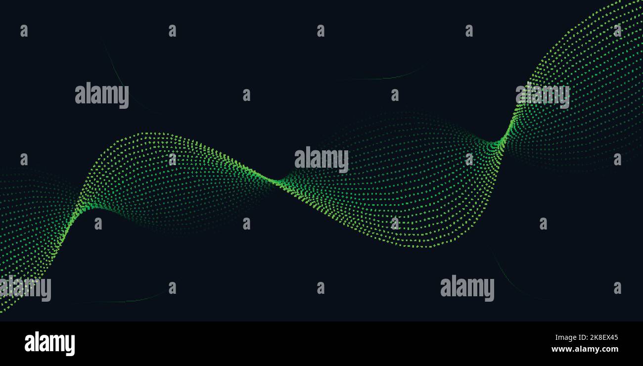 Green flowing particles abstract background design, dark background ...
