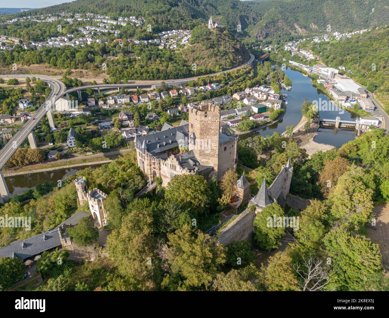 Aerial view Lahneck Castle at lahn River Valley by City Lahnstein near