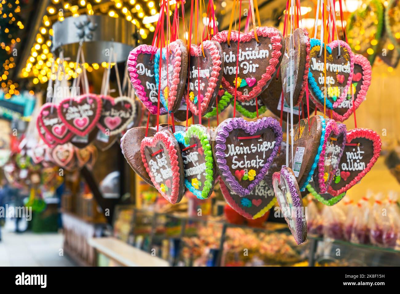 Gingerbread Hearts at German Christmas Market. Berlin. Traditional ginger bread cookies