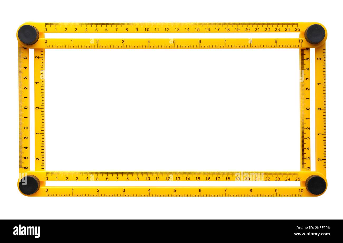 Yellow plastic four-angled ruler, creative picture frame or border, isolated on white background Stock Photo