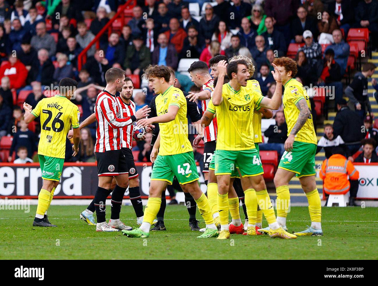 Sheffield, UK. 22nd Oct, 2022. Tempers flare again during the Sky Bet Championship match between Sheffield United and Norwich City at Bramall Lane on October 22nd 2022 in Sheffield, England. (Photo by Mick Kearns/phcimages.com) Credit: PHC Images/Alamy Live News Stock Photo