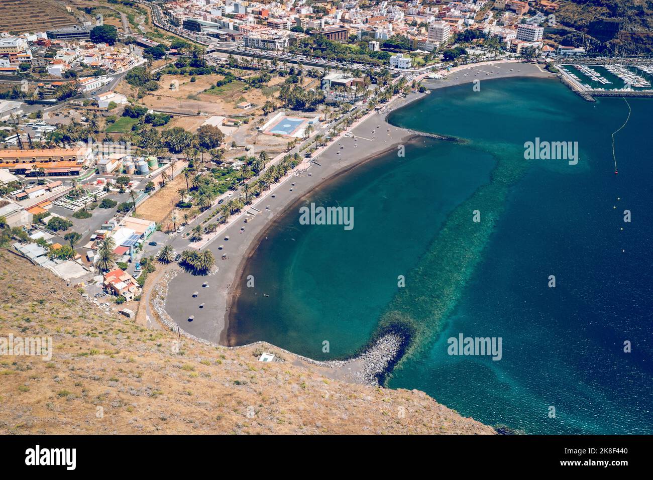 La Gomera. Aerial photo of the San Sebastian marina and town, La Gomera, Canary Islands. Stock Photo