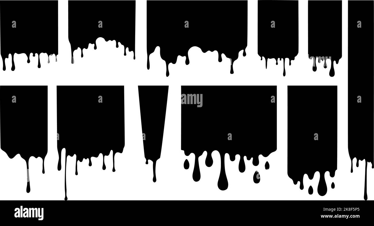 Dark fluid dripping empty frames. Isolated liquid, flowing paint drips