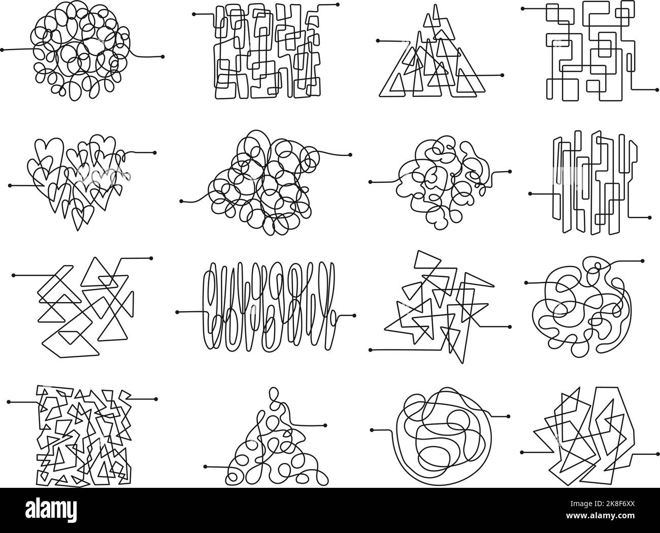 Tangled lines clipart. Chaos graphic ball, entanglement confusion abstract elements. Mess scribbl simple thread. Chaotic confused decent vector Stock Vector