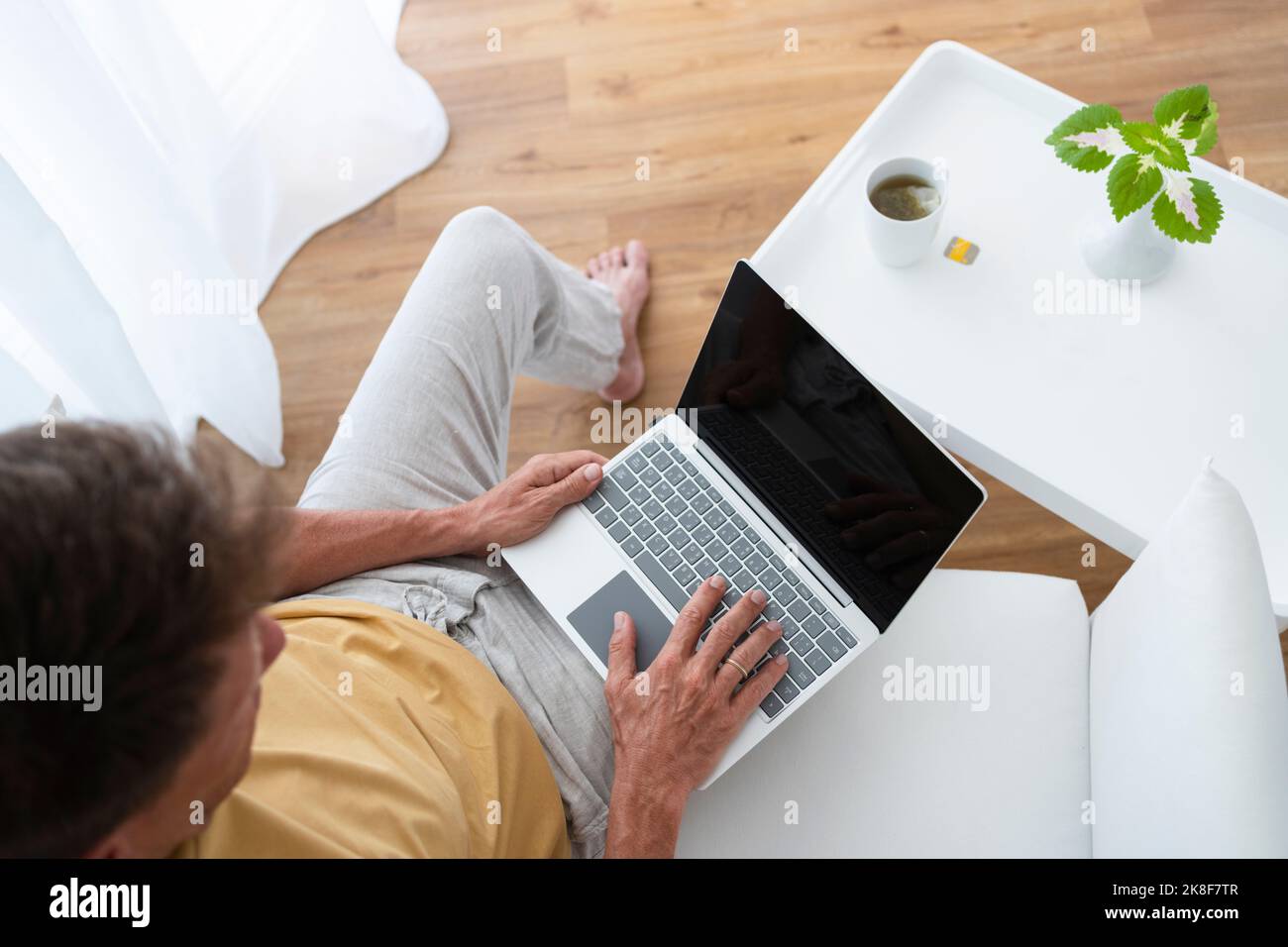 Freelancer working on laptop sitting at home Stock Photo