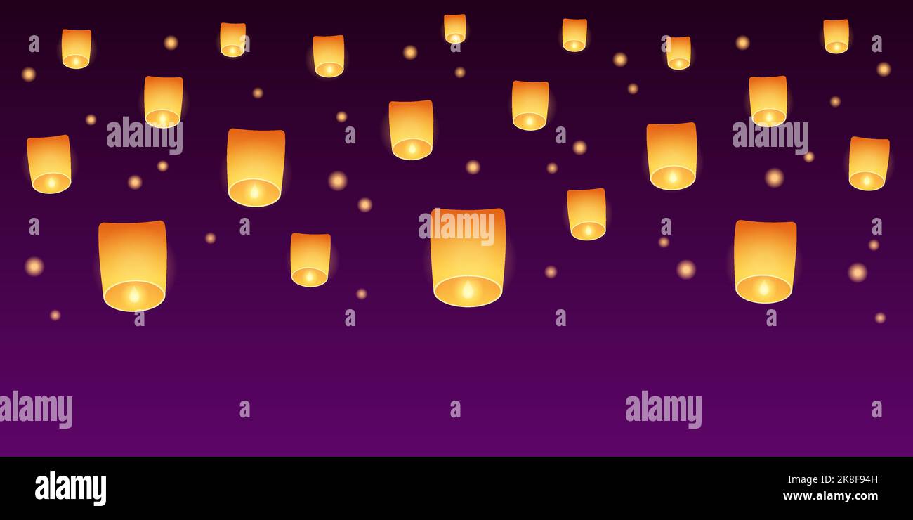 Floating sky lanterns at night. Chinese or Thai lantern festival celebration. Vector design illustration. Stock Vector