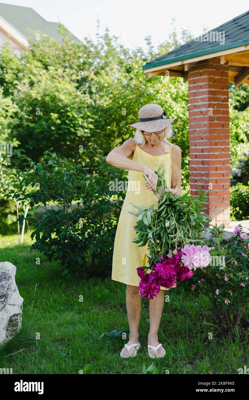 Senior woman cutting leaves holding bunch of flowers in garden Stock Photo