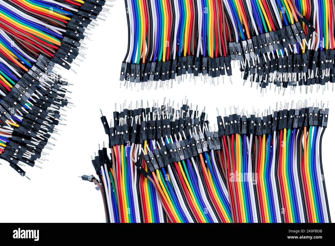 Ribbon cable or multiwire planar cable on white background. Flat