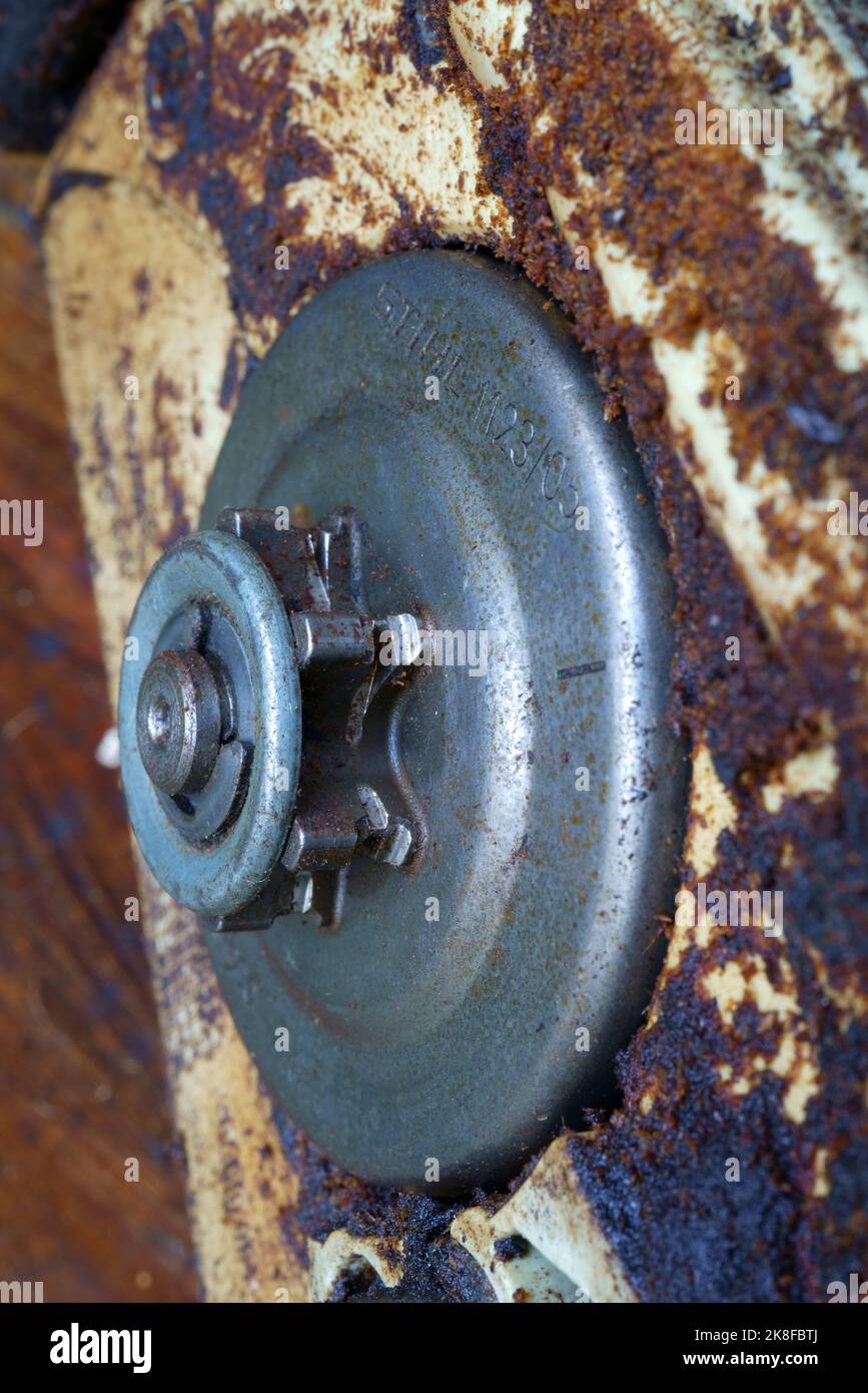 A close up of a chainsaw sprocket showing signs of wear Stock Photo Alamy