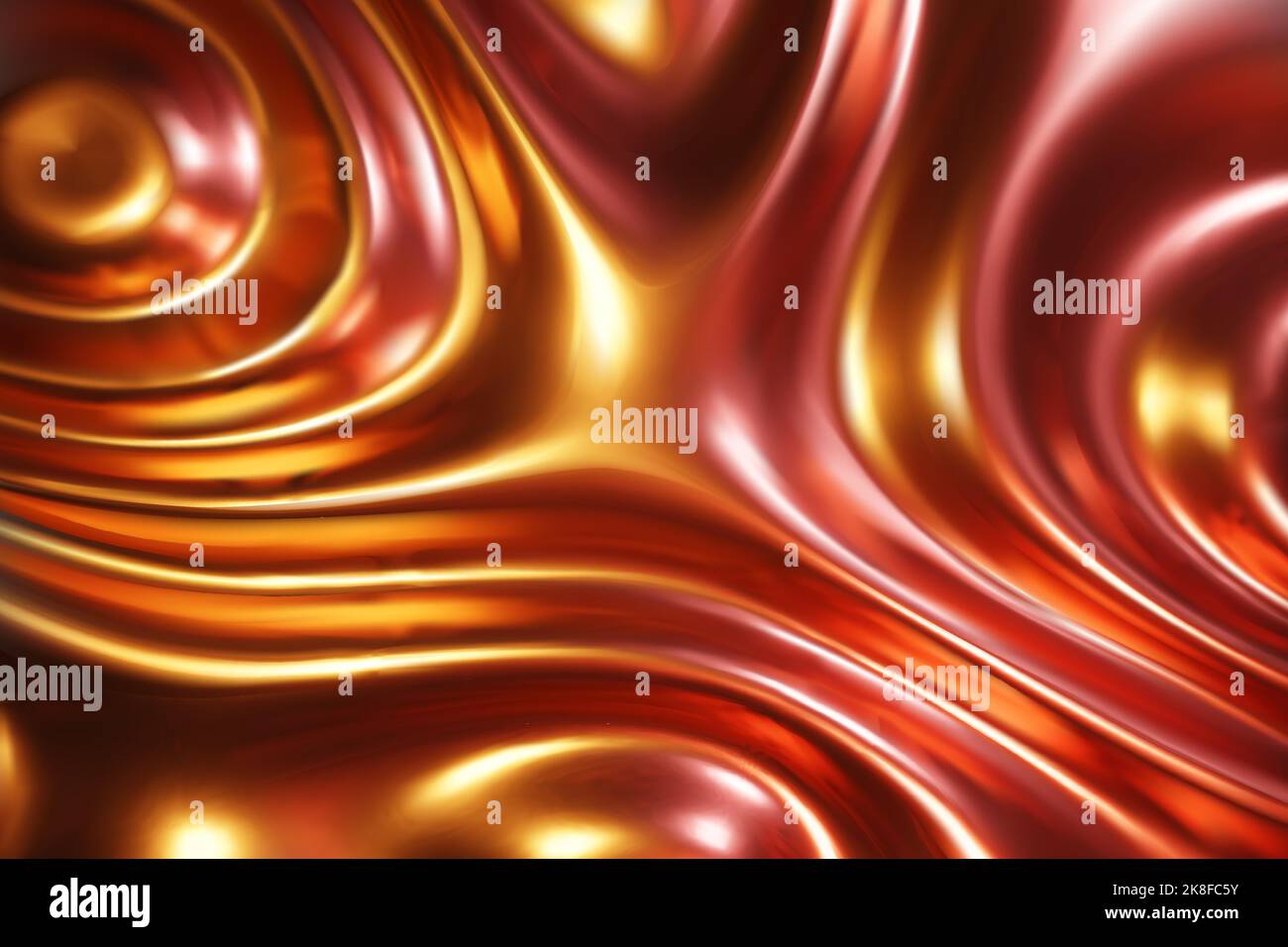 Golden liquid molten metal abstract wavy background with light reflects ...