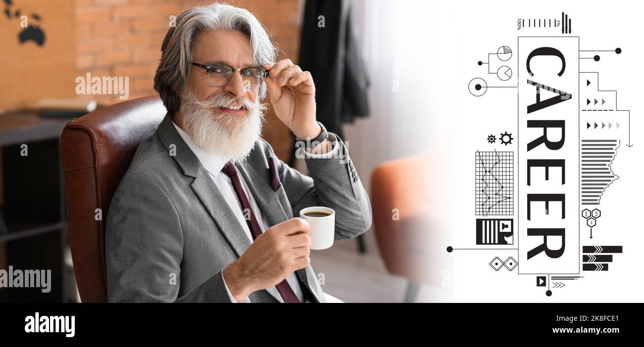 Mature bearded businessman drinking coffee in office Stock Photo