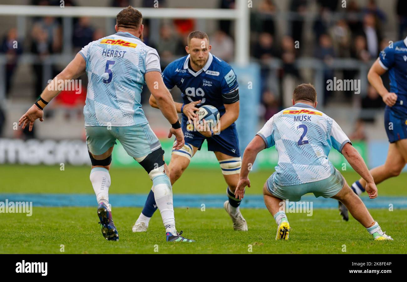 AJ Bell Stadium, Sale, UK. 23rd Oct, 2022. Gallagher Premiership rugby, Sale versus Harlequins Oct 23rd: Jonny Hill of Sale Sharks tracked by Irne Herbst and Jack Musk of Harlequins Credit: Action Plus Sports Images/Alamy Live News Stock Photo