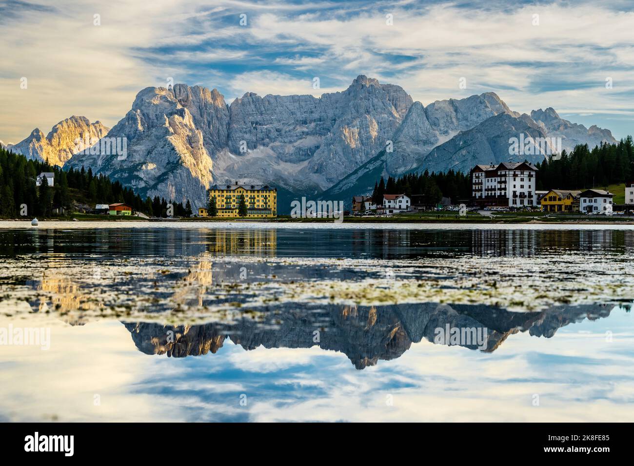 Italy, Veneto, Auronzo di Cadore, Lake Misurina with Sexten Dolomites in background Stock Photo