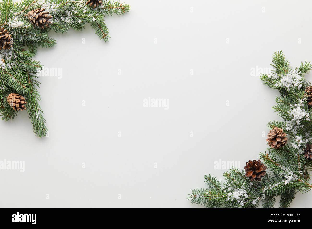 Fir tree branches with pine cones and snow on white background Stock ...
