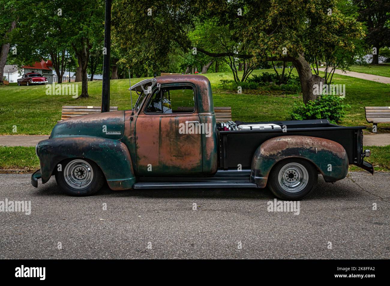 Des Moines, IA - July 01, 2022: High perspective side view of a at an old 1951 Chevrolet Advance Design 3100 Pickup Truck local car show. Stock Photo