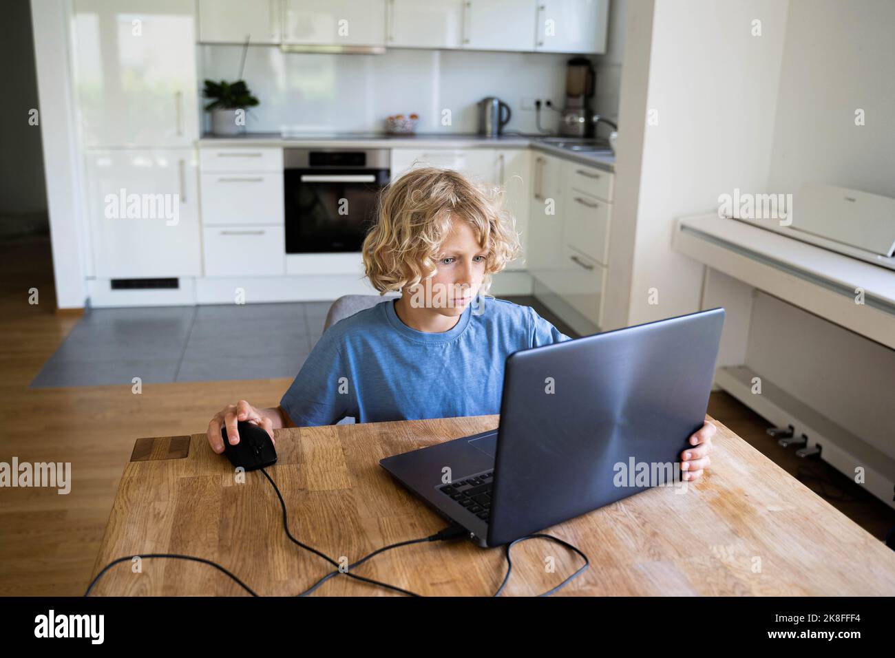 Boy studying through laptop on table at home Stock Photo