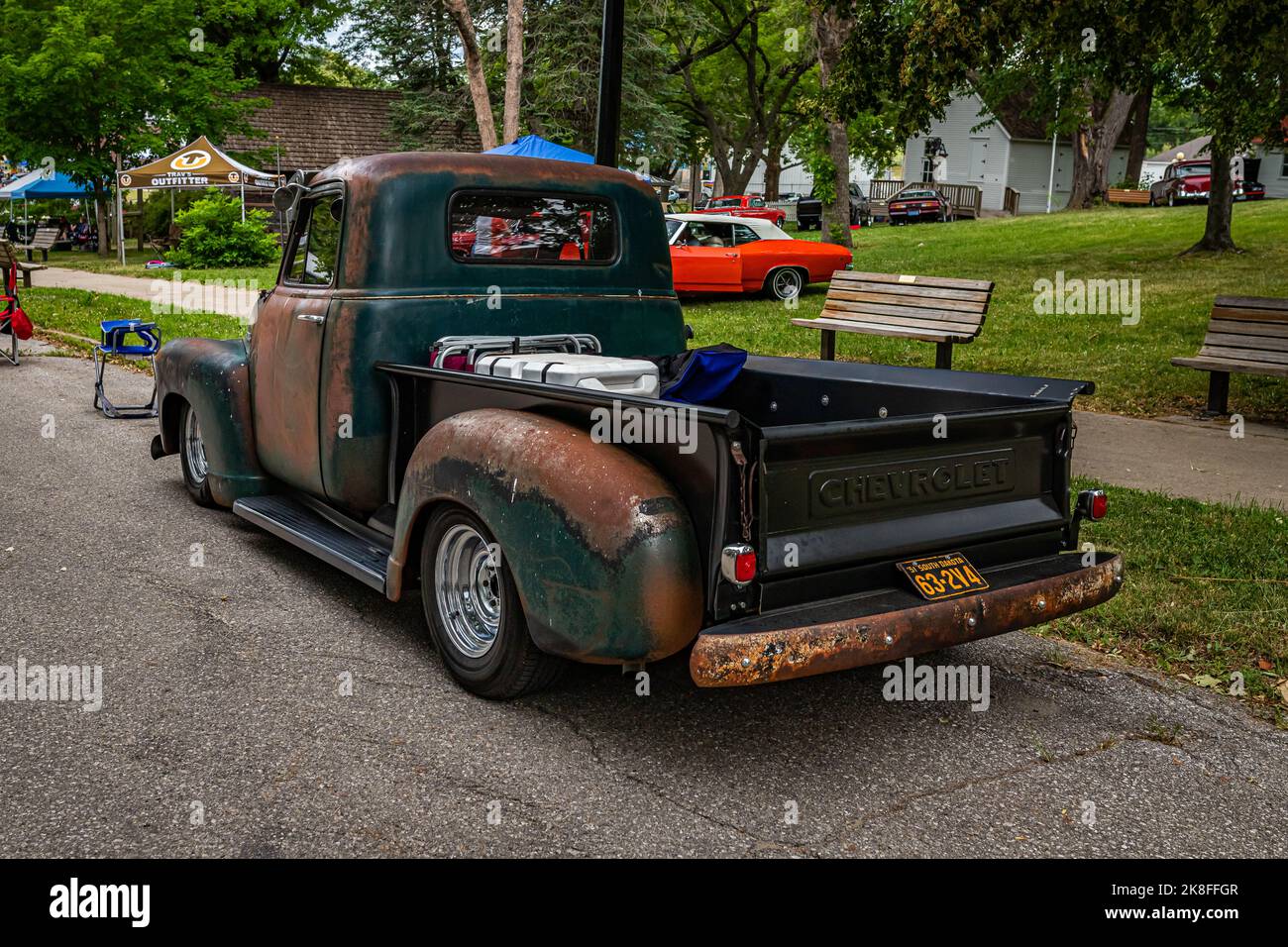 Des Moines, IA - July 01, 2022: High perspective rear corner view of an old 1951 Chevrolet Advance Design 3100 Pickup Truck at a local car show. Stock Photo
