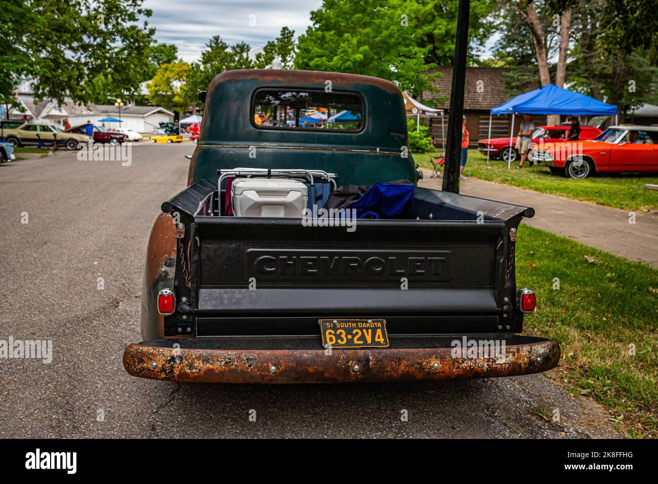 Des Moines, IA - July 01, 2022: High perspective rear view of an old 1951 Chevrolet Advance Design 3100 Pickup Truck at a local car show. Stock Photo