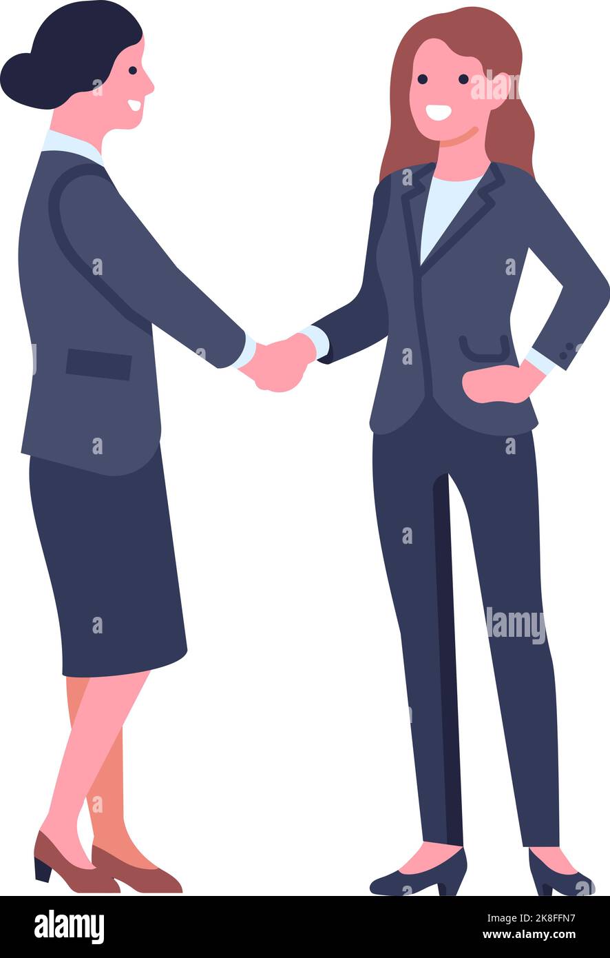 Business woman characters. Working female clerks. Businesswomen in formal wear. Workers shaking hands. Successful negotiation. Partnership and Stock Vector