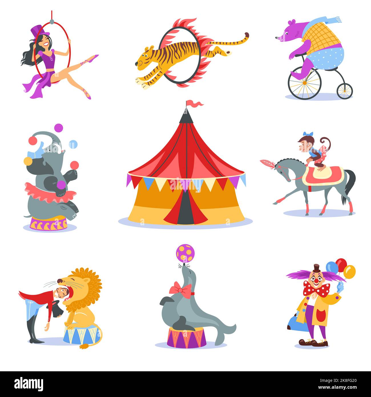 Cartoon circus animals. Trained seal and horse. Bear on unicycle. Tiger