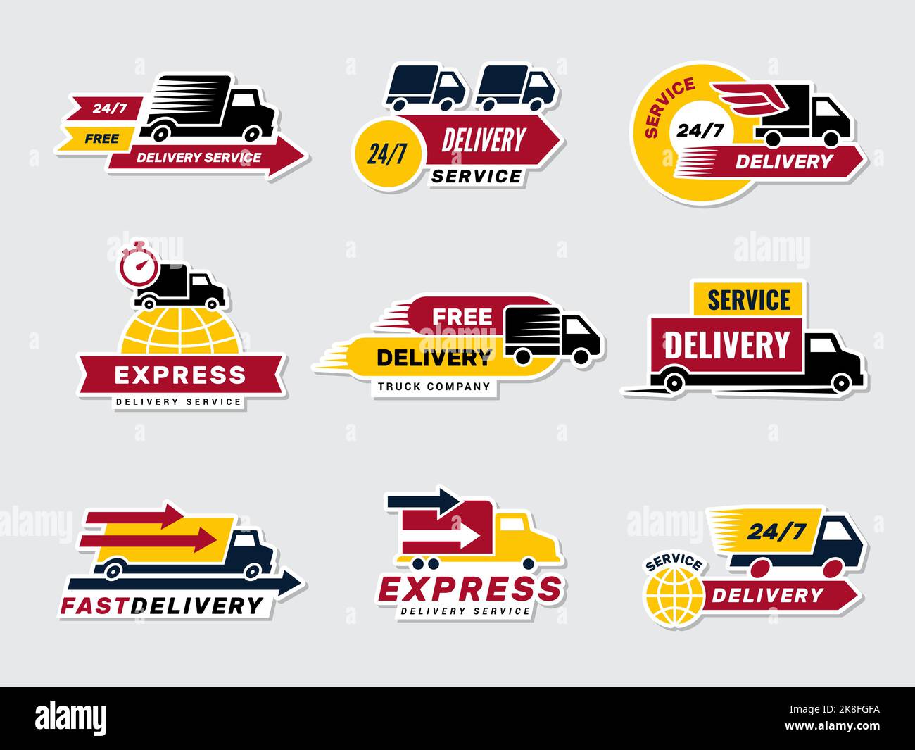 Delivery badges. Trucks cars different vehicles for delivery services recent vector emblem with place for text Stock Vector