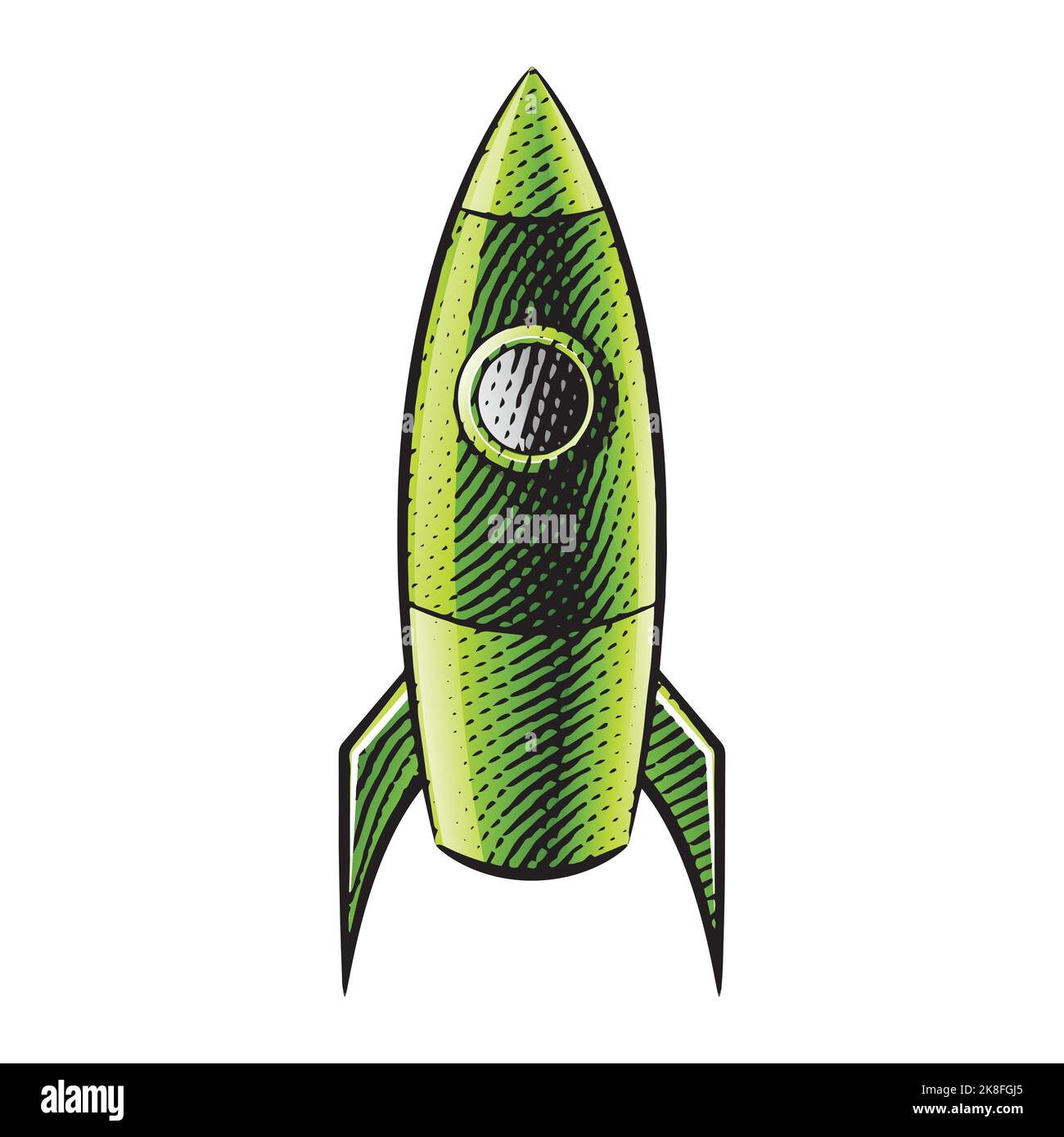 Scratchboard Engraved Illustration of a Rocket with Green Fill isolated on a White Background Stock Vector