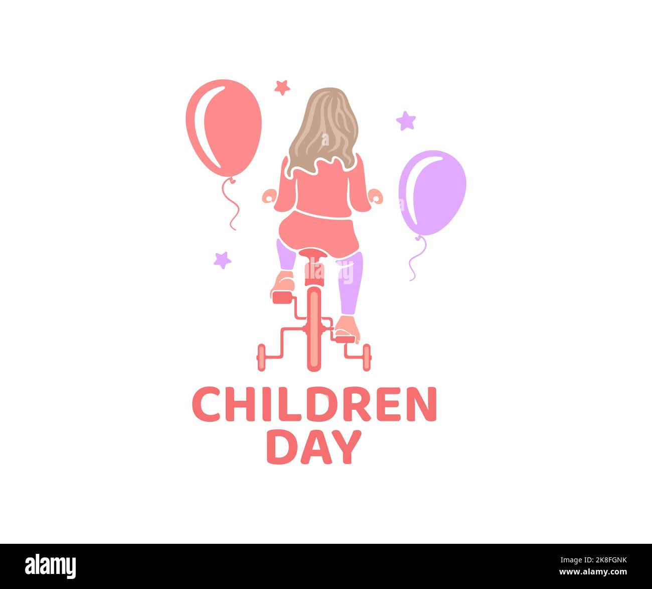Child, little girl rides a bicycle, balloons and stars, logo design. Children's day, child playing and kindergarten, vector design and illustration Stock Vector